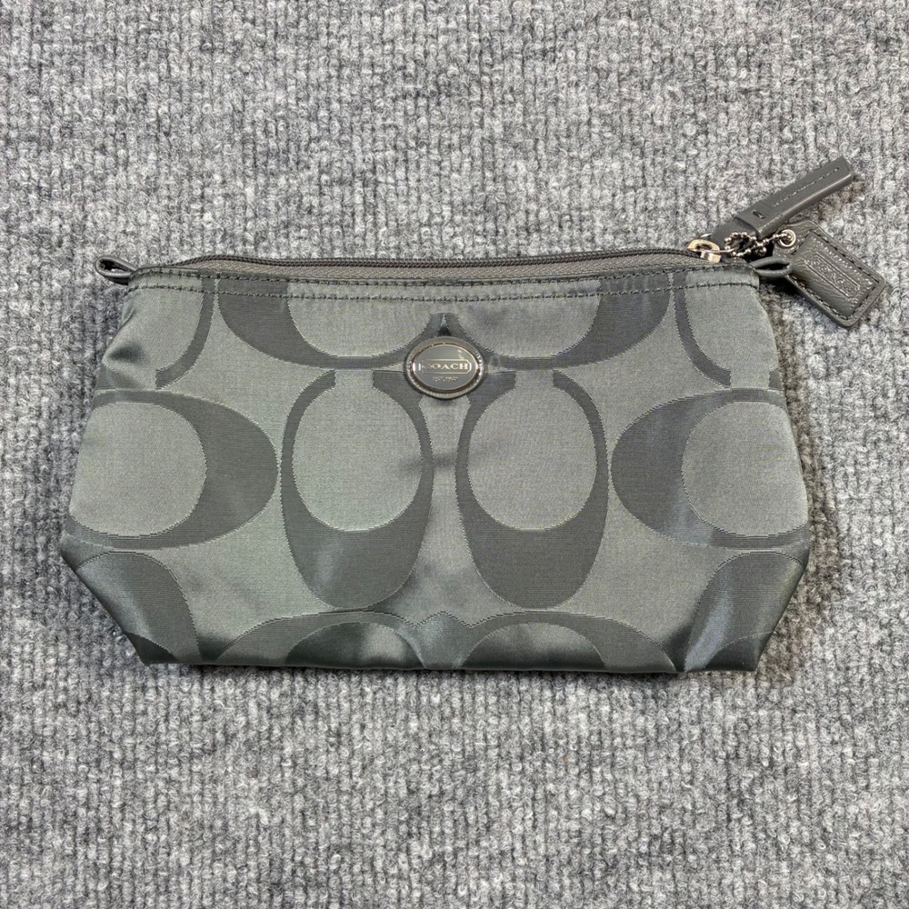 Coach Signature Cosmetic Pouch Womens Small Gray Black C Logo Zip Bag Excellent